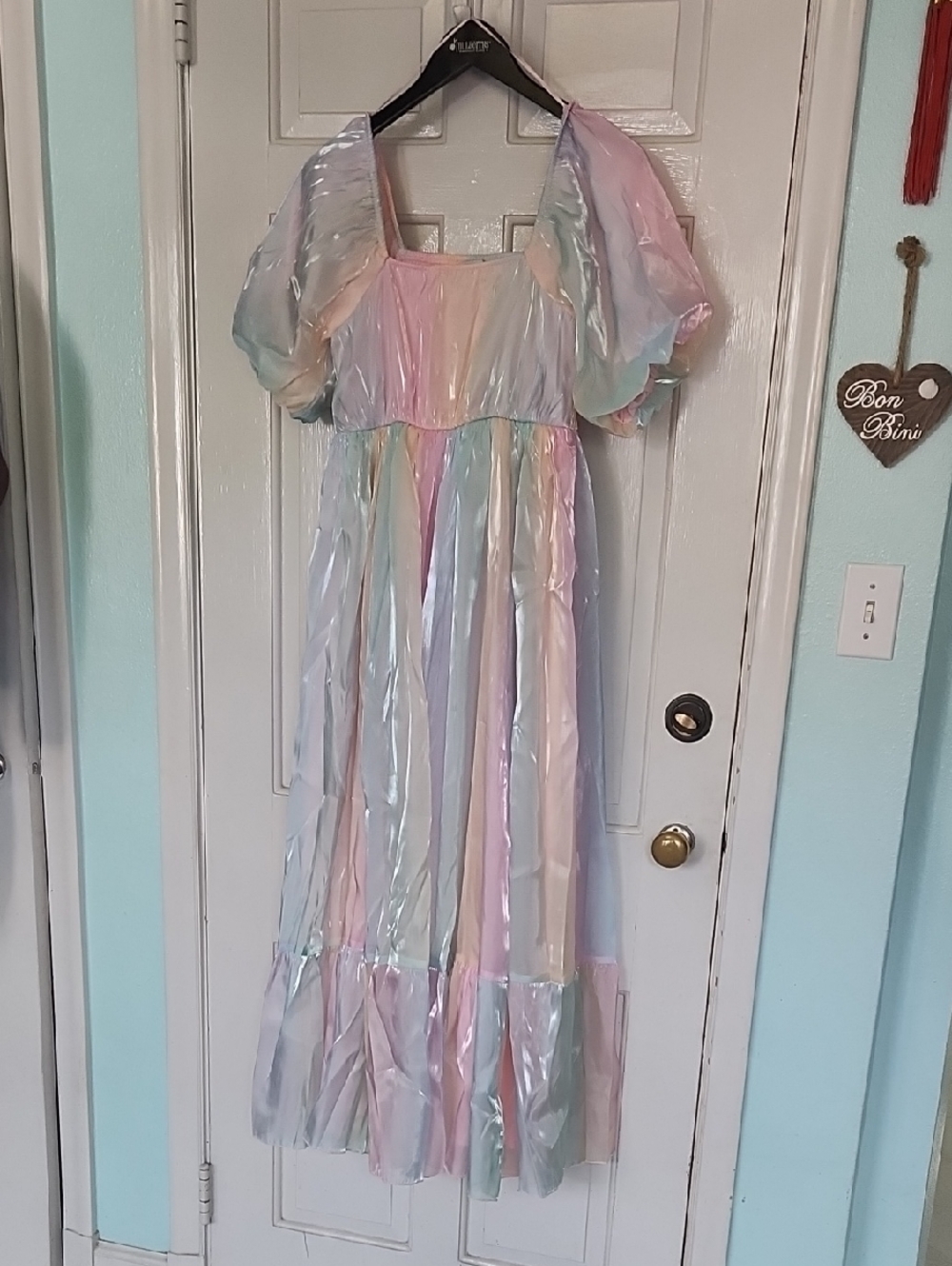 Never Worn Pastel Iridescent Maxi Dress with Puff Sleeves
